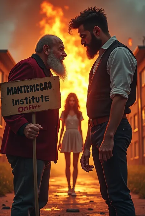 A scene of a school in the background with two male rivals facing each other for love, the love of a black woman who is between the two, One of the men is a dwarf and has a large sign that says Montenegro Institute on fire