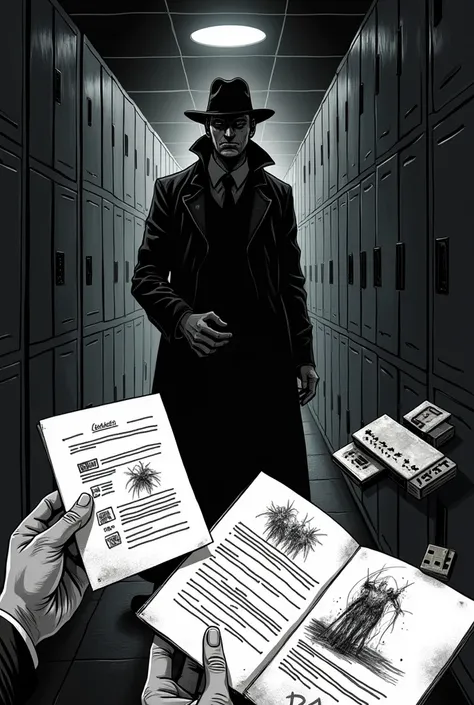 Easy black and white comic-style drawings of a person investigating a murder caused by a demon of a student at school and finds a USB where he finds an incomplete investigation, several drawings that describe what he does in each scene 
