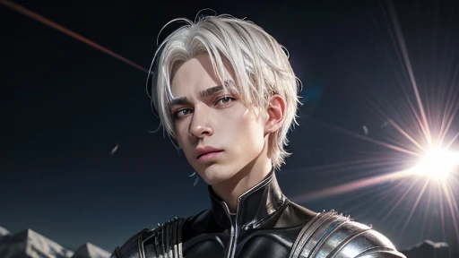 chico anime, white hair, shining eyes, intense eye glow, Son of God, supreme diamond gloves, solar power, invincible, antimatter and diamond armor
imagen completa