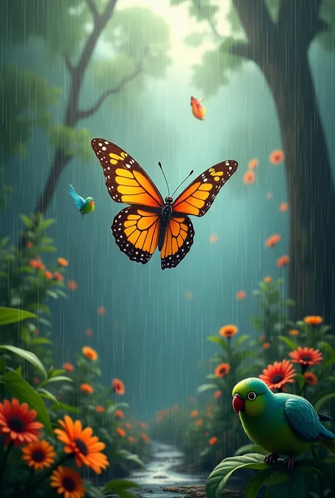 Butterfly flying in rain with parrots 