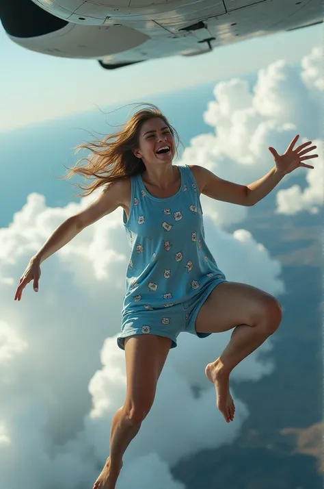 A  being thrown out of a plane in mid-flight is wearing short pajamas, a blue tank top with a cat print and blue short shorts. 