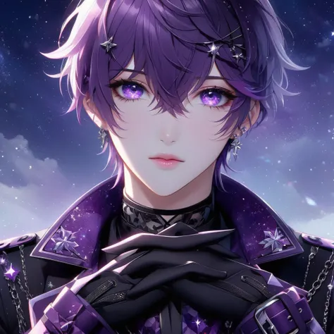 The character Teen Boy and stylized appearance, with short purple hair and a slightly falling fringe in the front, adorned with white details resembling crystals or shimmering strands. Their large, purple eyes are emphasized by intricate makeup in shades o...