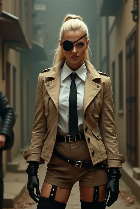 blonde ponytail, eye patch, dressed in a beige military-style jacket, white shirt, black tie, brown high-waisted shorts, black thigh-high stockings, confident pose, looking ahead, photographed from a front view, well-balanced exposure with sharp focus on t...