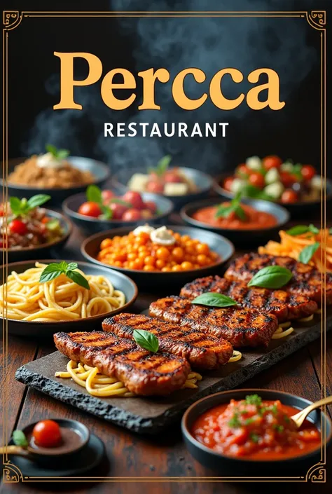 generate a cover where I put restaurant percca or with a more attractive name but that has percca in English a restaurant cover with a nicer brand that has restaurant above the name with eye-catching letters that has delicious food in the background





