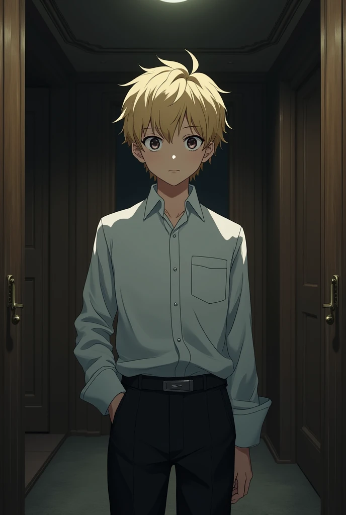 1boy,  boy, highly photorealistic, anime, of a kid, with short blonde hair, wearing a white collared shirt tucked inside black suit pants, evil, emotionless face expression, standing inside a big brown house at night