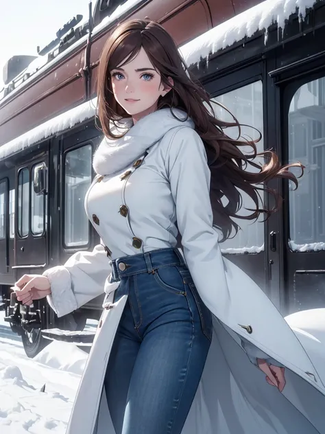 (8K, photo and gross, Better quality, maestro:1.2), (realistic, fotorrealistic:1.37), ultra detailed, 1 girl, beautiful, alone, Beautiful detailed winter landscape with snow and an old train, (blush), (full body: 1.1), (smile: 1.1), big breasts, beautiful ...