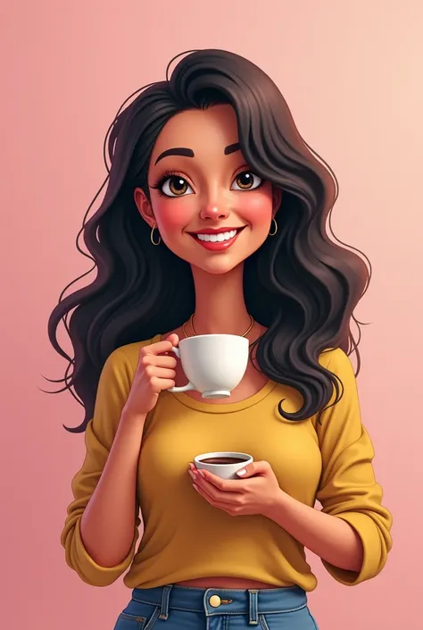 a cartoon brazilian woman with 40 age litlle fat 
midsize body with long black hair  holding a cup of coffee and smiling, cartoon style illustration, detailed 2d illustration, realistic woman  character illustration,  digital art, with a wallpaper pink