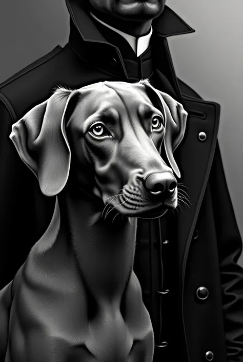 Beautiful big vizsla with big eyes close to the attractive King in Peaky Blinders style coloring picture in black and white as a comic 