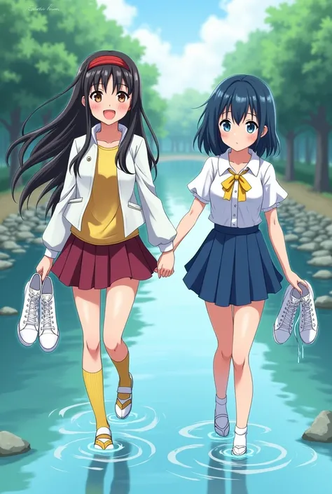 Anime 2 young women, long black hair, red hairband, smiling, white jacket, yellow sweater, dark red skirt, wet yellow socks, white mary janes, wading through knee deep river, short dark blue hair, looking gloomy, white blouse with yellow ribbon, blue skirt...