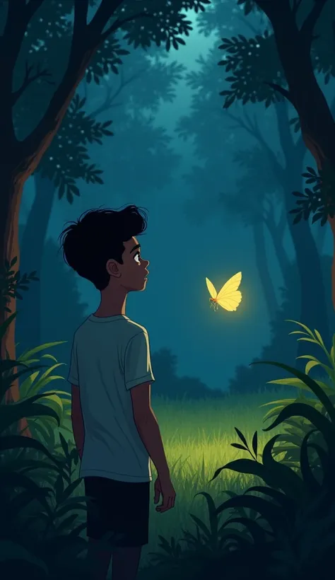 Adrian wearing a white short-sleeved shirt looks at a firefly as it glowed in the forest at night.