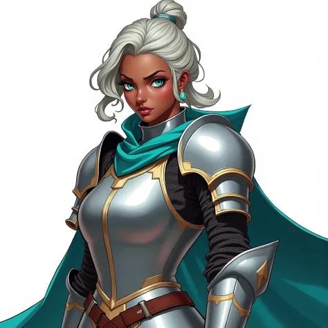 An RPG knight. She has dark skin, has silver hair, medium size tied in a low bun, the serious eyes, are turquoise blue. She wears 15th century plate armor with gold accents.. She wears a turquoise cape attached to one shoulder.. Historically accurate armor...