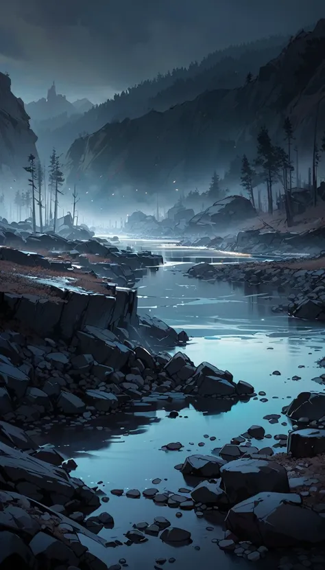 A quiet riverbed landscape, a place where pebbles are piled up, a calm river flowing, and a rocky area surrounding it, an eerie atmosphere, hell.