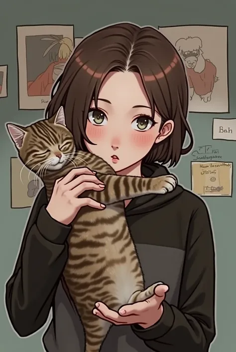 , realistic, ultra realistic, a cat in his hands, brown hair, masterpiece, necessary, anatomically correct, High details, quality, high quality, very detailed, textured skin, Illustration, Artistic, 