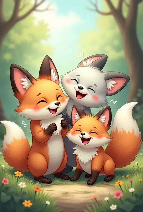 We have four characters. These characters are all foxes. The first one is fennec, the second one is silver, the third one is artik and the fourth one is red fox, these 4 characters are happy and playful. Please all chracters looking the camera