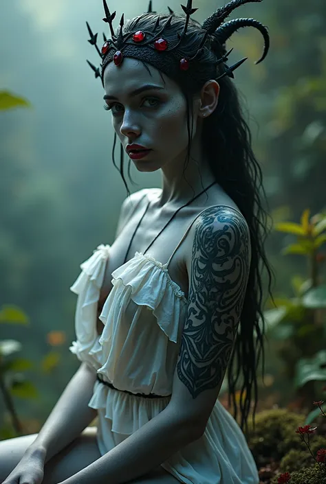 Woman in a well-lit landscape, direct light on the body, pose sensual, half-open red lips, black crown on head with blood-colored rubies, blue-gray skin, tribal tattoo (extremely detailed, with magical symbols), glued to the body, allowing you to see the d...