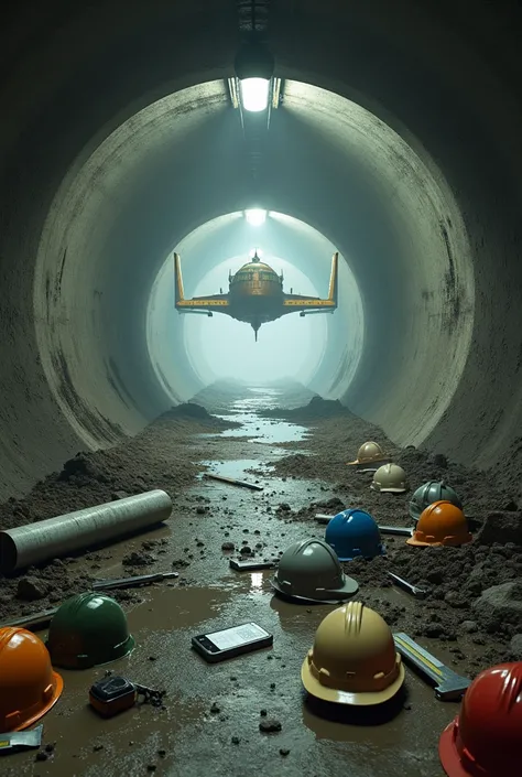 background of a subway tunnel with an apocalyptic climate under construction with wet earth and on the floor a project roll and a construction helmet in green and another in gray and another in light beige another in blue and another in red with wet floor ...