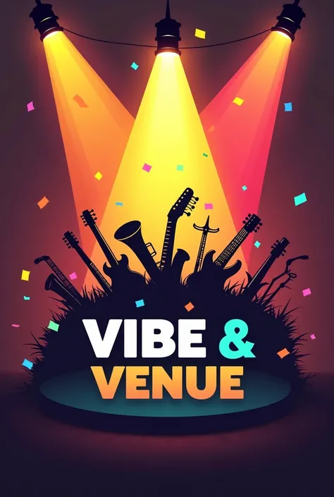 a company logo named Vibe & Venue, put a colorful spotlight at the top and put different instruments in the middle and put the company name below it. make the spotlights more colorful. remove the persons. add confety. now put it in a square change the back...