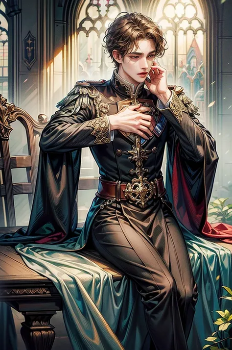 ((Best quality)), ((masterpiece)), (detailed), ((perfect face)), ((halfbody)) "Captivate the View: A Handsome Prince Reflecting on Lifes Transitions from His Comfortable Window Perch of the cathedral", dark brown curly hair 