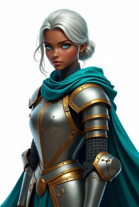 An RPG knight. She has dark skin, has silver hair, medium size tied in a low bun, the serious eyes, are turquoise blue. She wears 15th century plate armor with gold accents.. She wears a turquoise cape attached to one shoulder.. Historically accurate armor...