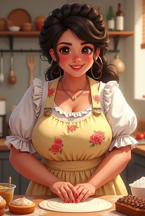 Illustration baker with break baking, Rose pattern dress, Corkscrew lock, broadly built, always smiles ( dimple ) , always has matching nail polish 