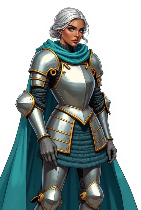 An RPG knight. She has dark skin, has silver hair, medium size tied in a low bun, the serious eyes, are turquoise blue. She wears 15th century plate armor with gold accents.. She wears a turquoise cape attached to one shoulder.. Historically accurate armor...