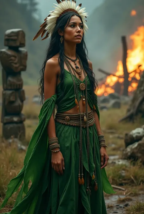 A beautiful young woman, portrait, Alone, full body sculptural big breast, detailed background, detailed face, (Indigenous Theme ), (brown eyes:1.05), wise shaman sorceress, mysticism .green leaf clothes , totem, obsidian, headdress with white and brown fe...