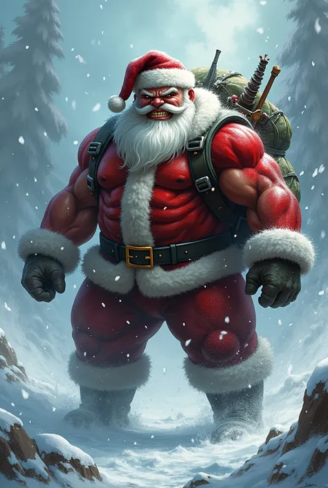 Santa Claus with an angry expression, with weapons in a backpack, holding money, in the middle of a blizzard, muscular, with Christmas clothes, with some gold teeth, 