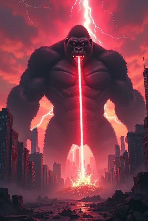 Imagine a giant male gorilla with imposing black skin, dominating the city around it with overwhelming force. Its colossal size is so large that it surpasses the city&#39;s buildings, and his presence is absolutely terrifying. From His mouth, emanates a re...