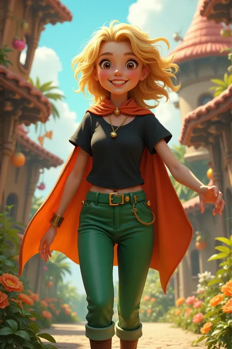 A sunny girl with green pants, belt, colorful cape, black shirt, dandy world
