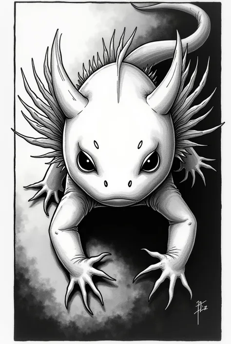 Black and white axolotl in manga panel style, which Junji Ito is facing 