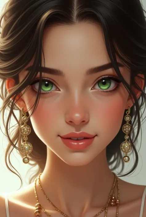 Green eyes, 1girl, Smile, Looking at viewer, Jewelry, Parted Lips, Earrings, Anatomically Correct, Best Quality, 