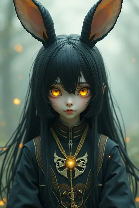 1 , Alone, long hair, black hair, yellow eyes, bunny ears, Language, Bunny outfit