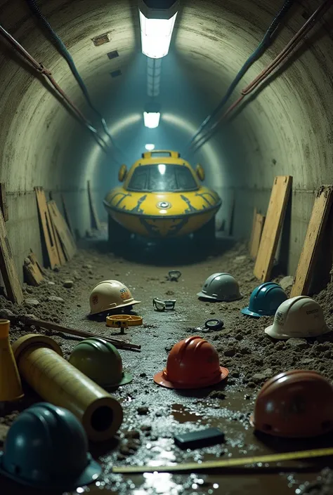 background of a subway tunnel with an apocalyptic climate under construction with wet earth and on the floor a project roll and a construction helmet in green and another in gray and another in light beige another in blue and another in red with wet floor ...