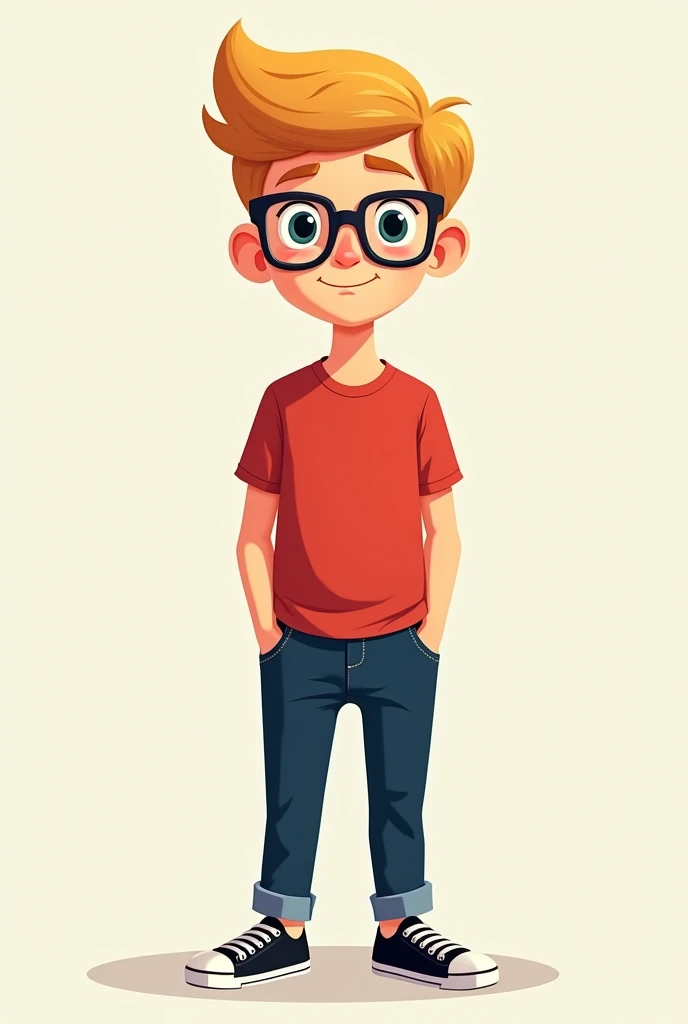 Make a boy 1,80,2d cartoon style, dark blonde hair, square glasses, red shirt , dark blue pants and black sneakers, He is white and has his hands in his pants pockets