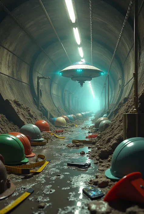 background of a subway tunnel with an apocalyptic climate under construction with wet earth and on the floor a project roll and a construction helmet in green and another in gray and another in light beige another in blue and another in red with wet floor ...