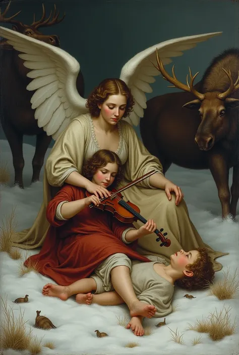 Make a Renaissance painting,An angel and a child about ,he is very handsome and is lying in the snow melancholy playing the violin,next to him there are moose,and there are other elements in the melancholic scenario 