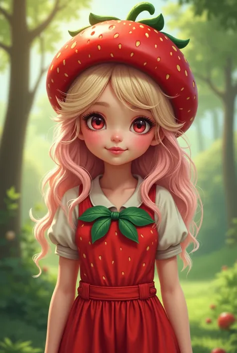  blonde with pink locks wearing a strawberry hat with a strawberry jumpsuit 