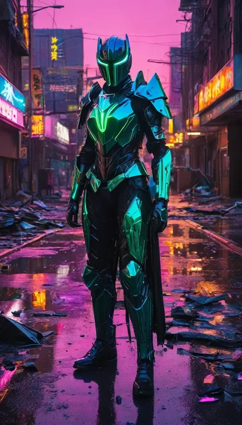 A breathtaking, cinematic science fiction portrait of the *Neon Wraith*, a masked figure whose entire form is concealed by a sleek, reflective armor that gleams in the neon lights of a shattered, dystopian street. The mask is a smooth, featureless surface ...