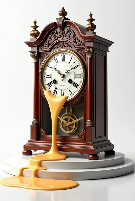 Generate an image of an antique clock, with a pedestal, mahogany in color, marking midnight in arabic numerals, melting due to excessive heat. It should be on a white background

