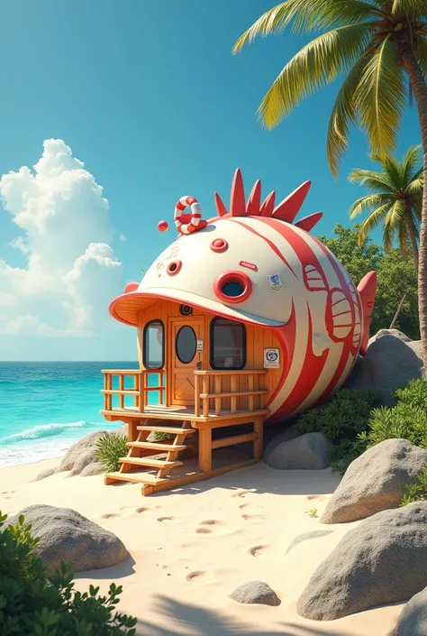 a lifeguard house made from a puffer fish