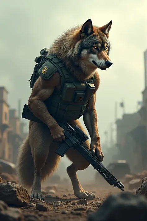 Military wolf with rifle and bulletproof vest 