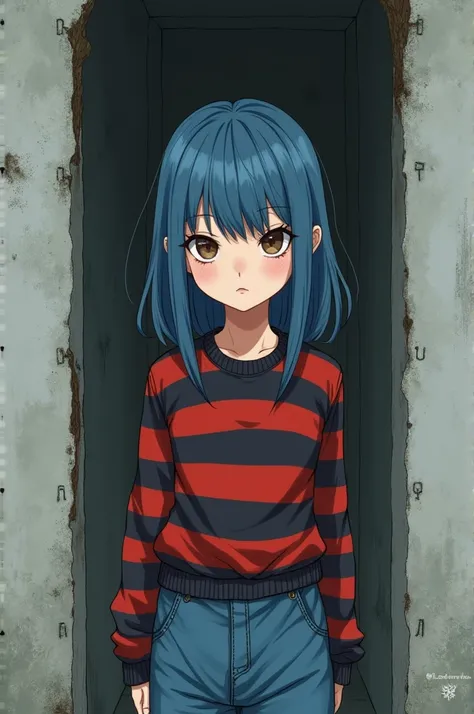 young girl with pale skin and blue long hair without bangs, with brown eyes and dark circles under the eyes, dressed in a red and black striped sweater and wide jeans, against the backdrop of shabby grey walls,in the style of anime K-ON , minimalism, 