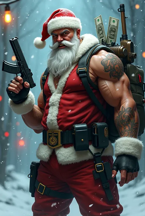 Young Santa Claus with an angry and serious expression, with weapons (Rifle) in a backpack, showing off money with one hand, in the midst of a heavy snowstorm, with a strong physique and tattoos, with Christmas clothes, with some gold teeth Wide image. He&...