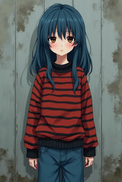 young girl with pale skin and blue long hair without bangs, with brown eyes and dark circles under the eyes, dressed in a red and black striped sweater and wide jeans, against the backdrop of shabby grey walls,in the style of anime K-ON , minimalism, 