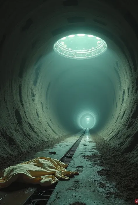 background of a subway tunnel with an apocalyptic atmosphere under construction with wet earth and an alien ship hovering in the air inside the tunnel, on the floor a light beige blanket fell and a drain and a broken cell phone