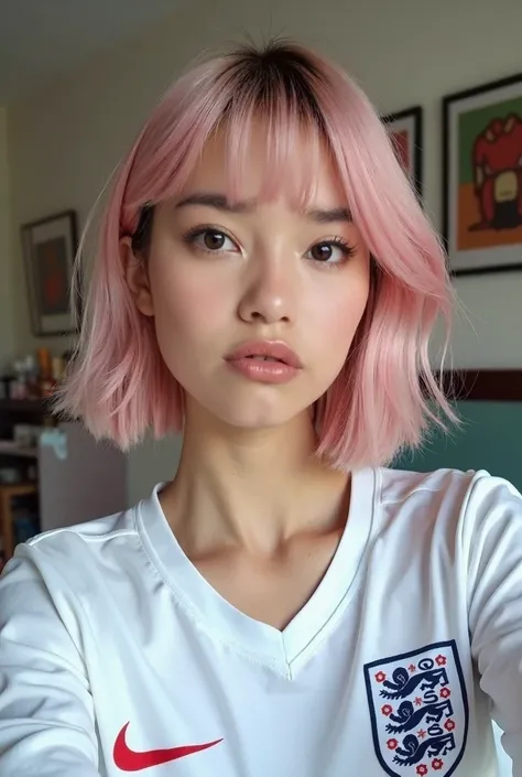 Crée une nouvelle femme à partir de cette image elle a 20 ans elle a des origine hispanique et aussi chinois elle est belle naturelle est naturel  Elle a une coupe de cheveux carré avec une frange épaisse rose pastel elle a des sourcil bien dessiner légère...