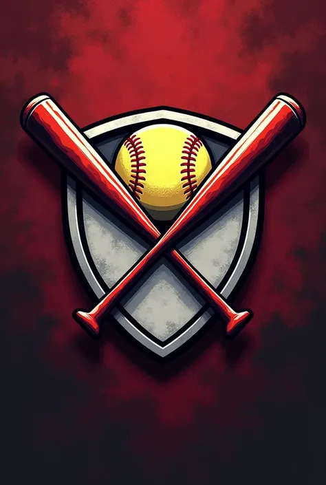 Generate me a shield for a softball team, with a pair of crossed bats and a softball in the background