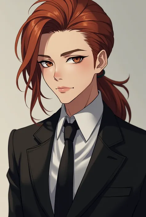 A mature looking man with an impeccably tailored suit, slicked-back long auburn hair in a queue, and delicate features. His face is a mix of beautiful and effeminacy. Please Generate the image in anime style.