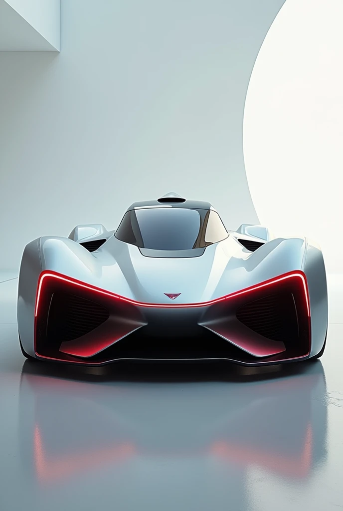 Futuristic car with cool spoiler,exhaust and silver in color with red lines show front view