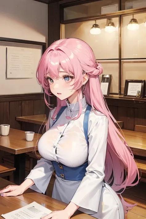 Miyako is a mature and kind woman, very protective of her daughter. She is the owner of the café and runs the business with a firm hand., Large breasts and a refined figure, Long hair, Hair color :shades of pink. Clothes: White tablecloth and blue-toned cl...